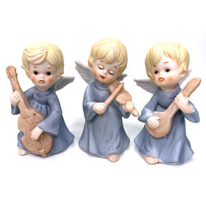 Global Art Trio of Angels Ceramic Figurines with‎ Musical Instruments Blue